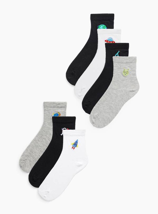 Monochrome Space Embroidered Ankle Socks 7 Pack 3-5.5